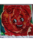 Kissen. Brennendes Welti Kind rote Rose 40 x 40 cm. Satinbezug  Wähnah Welti gelb leuchtendes ,  Bearth Welti rosa Abandschein