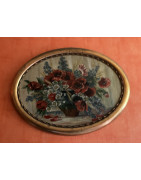 Ovales Öl Bild mit goldenen RAND Rahmen  Motiv u.a.  rote Mohn Blumen