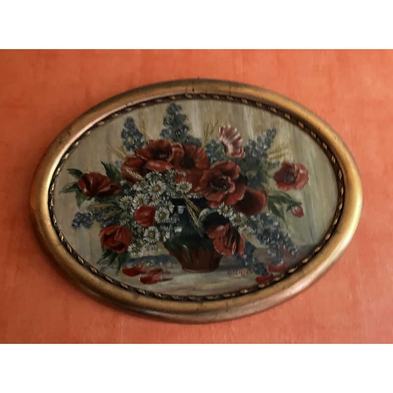 Ovales Öl Bild mit goldenen RAND Rahmen Motiv u.a. rote Mohn Blumen Ovales Öl Bild mit goldenen RAND Rahmen Motiv u.a. rote Mohn Blumen