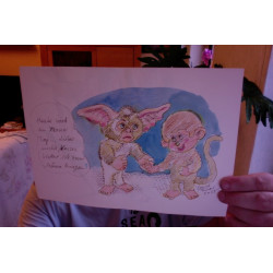 Gizmo & Monchichi Karl ca 30 breit ca 21 hoch   Doppelseitiges Bild